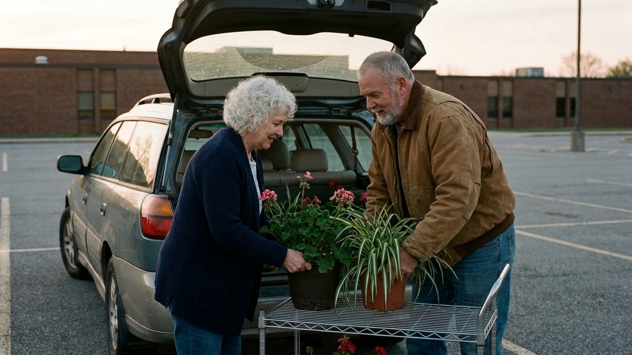 Older couple loads potted plants into a car at a school lot