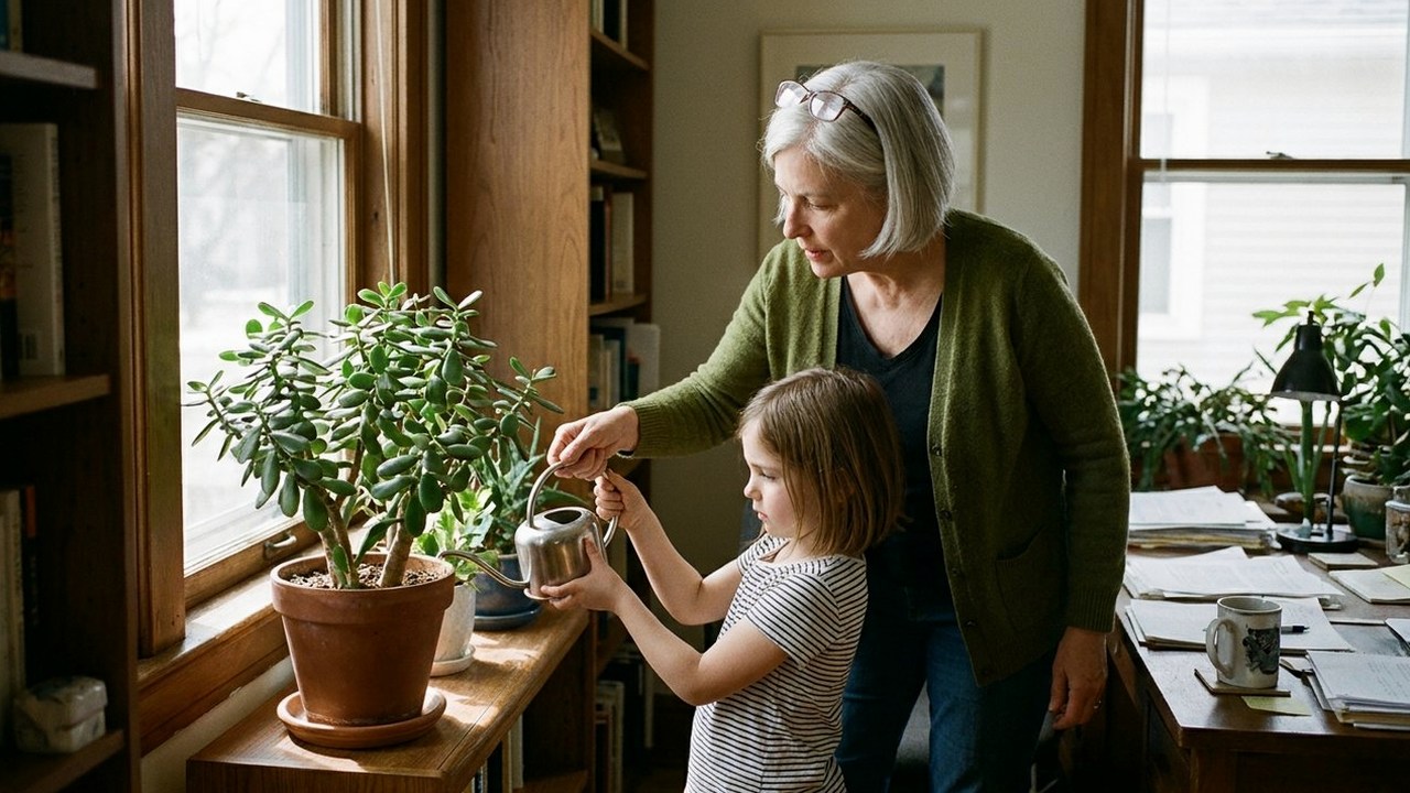 Grandmother and granddaughter watering a jade plant beside a home office desk