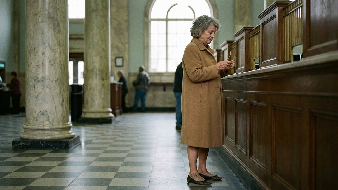 Woman in her late sixties waiting alone in a bank lobby