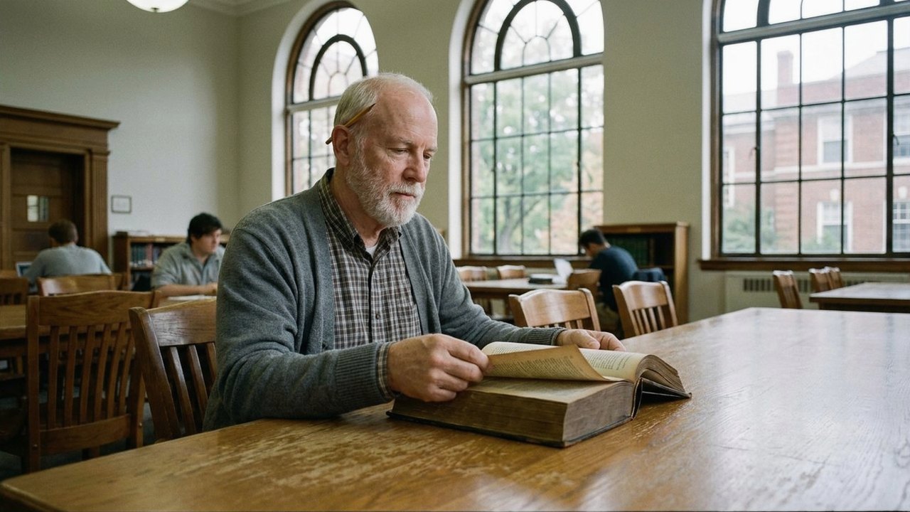 Older bearded man reading a reference book in a library