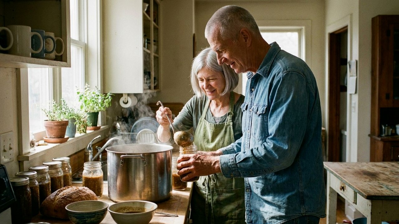 Two friends in their sixties portion homemade soup into containers
