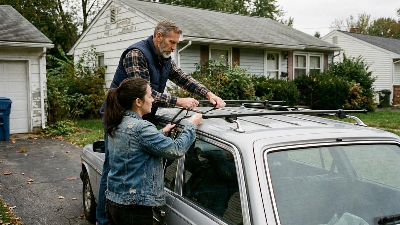 Older man and younger woman fitting a roof rack onto a car