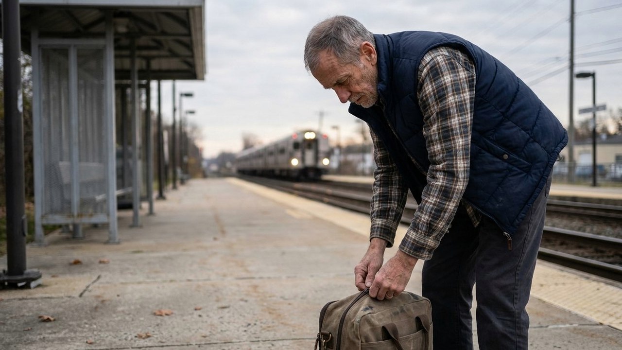 Gray-haired man in navy vest zipping a bag on train platform