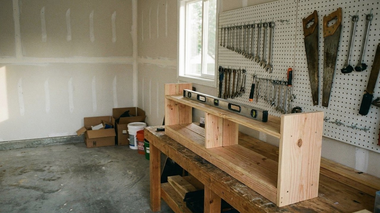 Tidy garage workbench with a spirit level and pegboard tools
