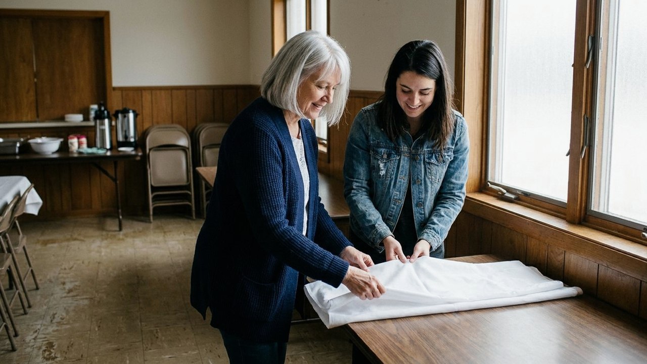 Older woman and adult daughter folding tablecloths in church hall