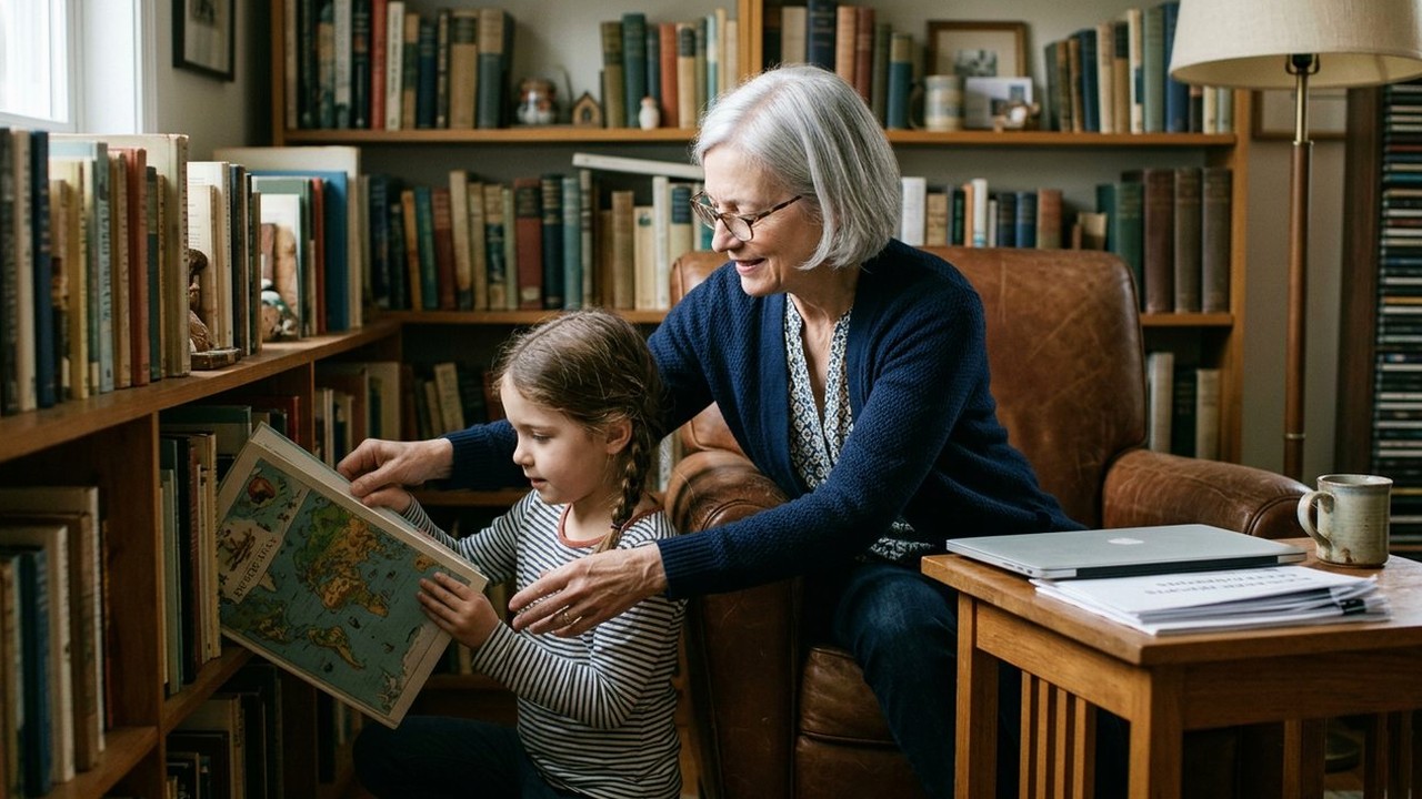 Grandmother and granddaughter choosing a book in a home library corner