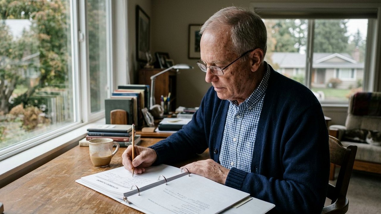 Gray-haired man in cardigan writing in an open retirement binder