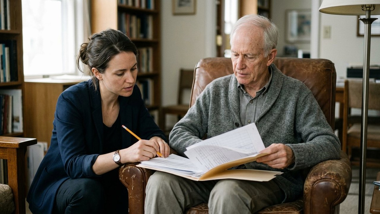 Retired man in leather reading chair reviewing statements with younger colleague