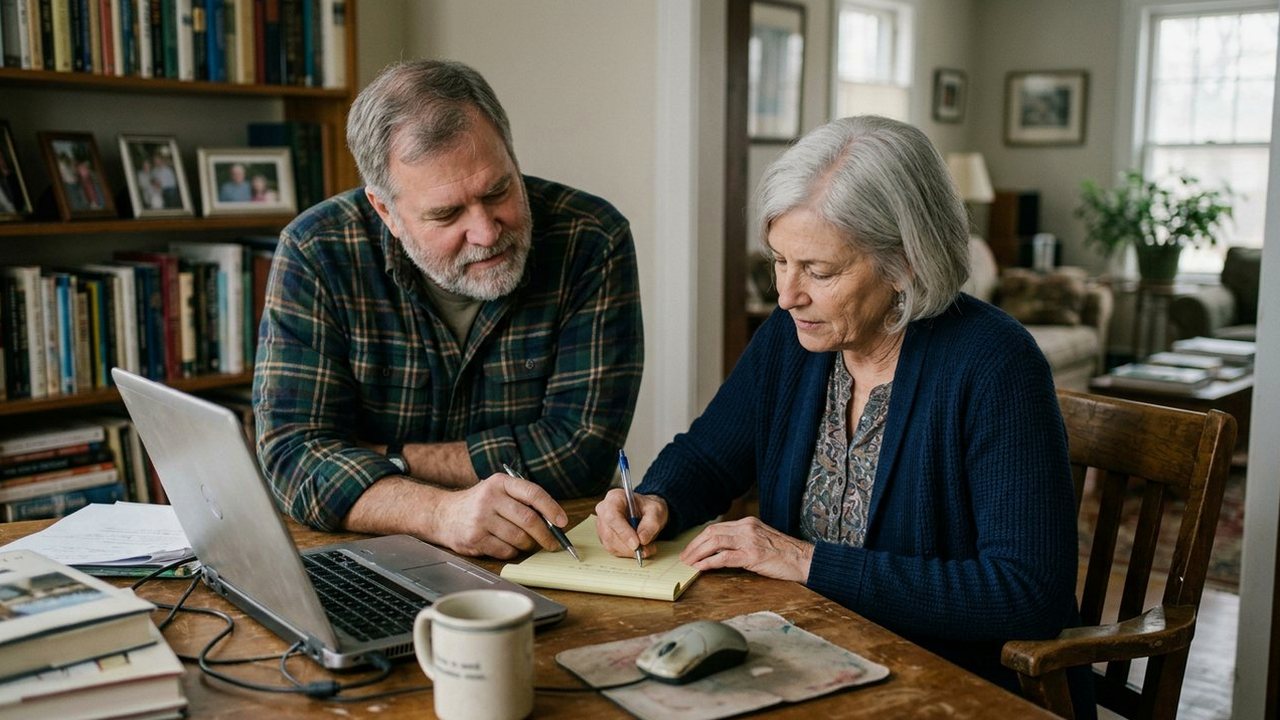 Retired couple at a study desk writing a list together