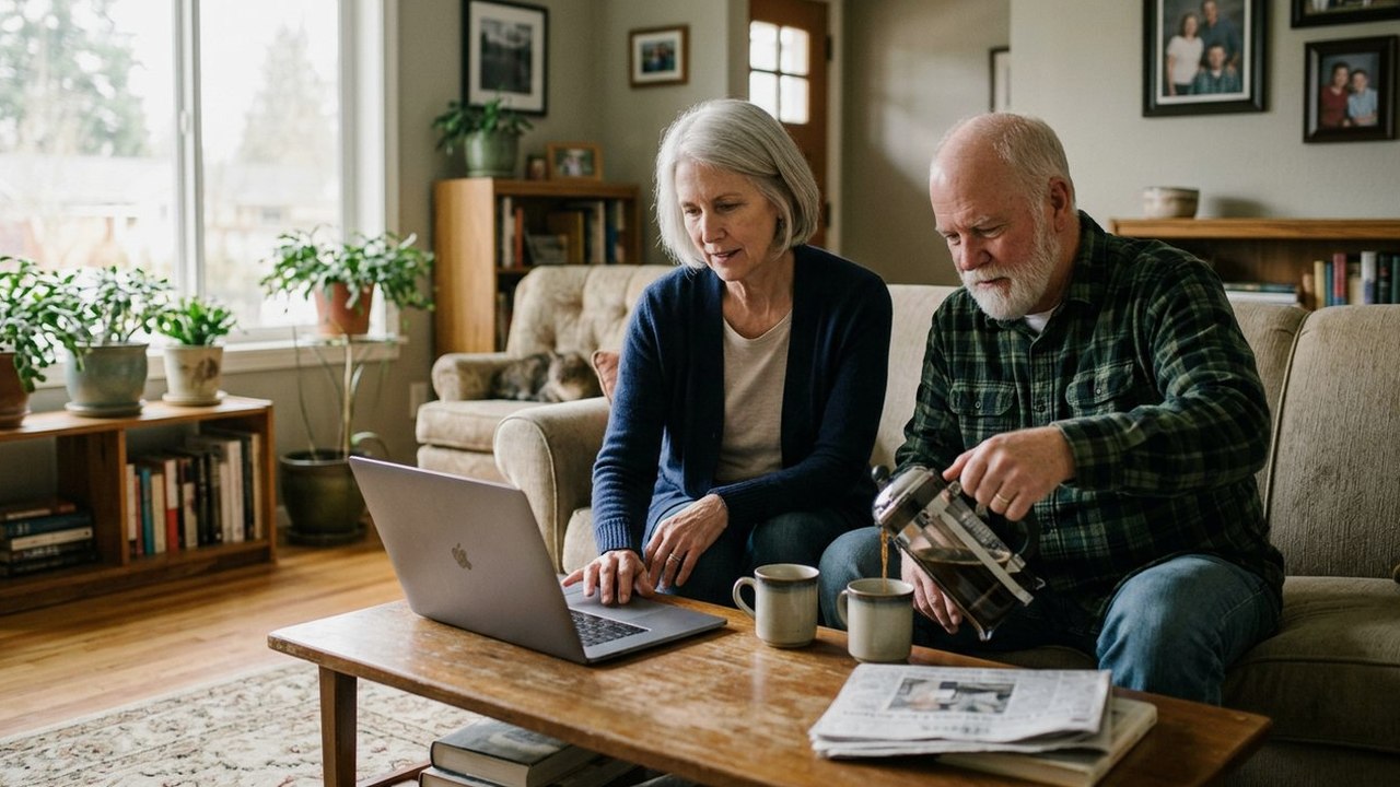 Two friends in their late sixties sharing coffee beside a laptop