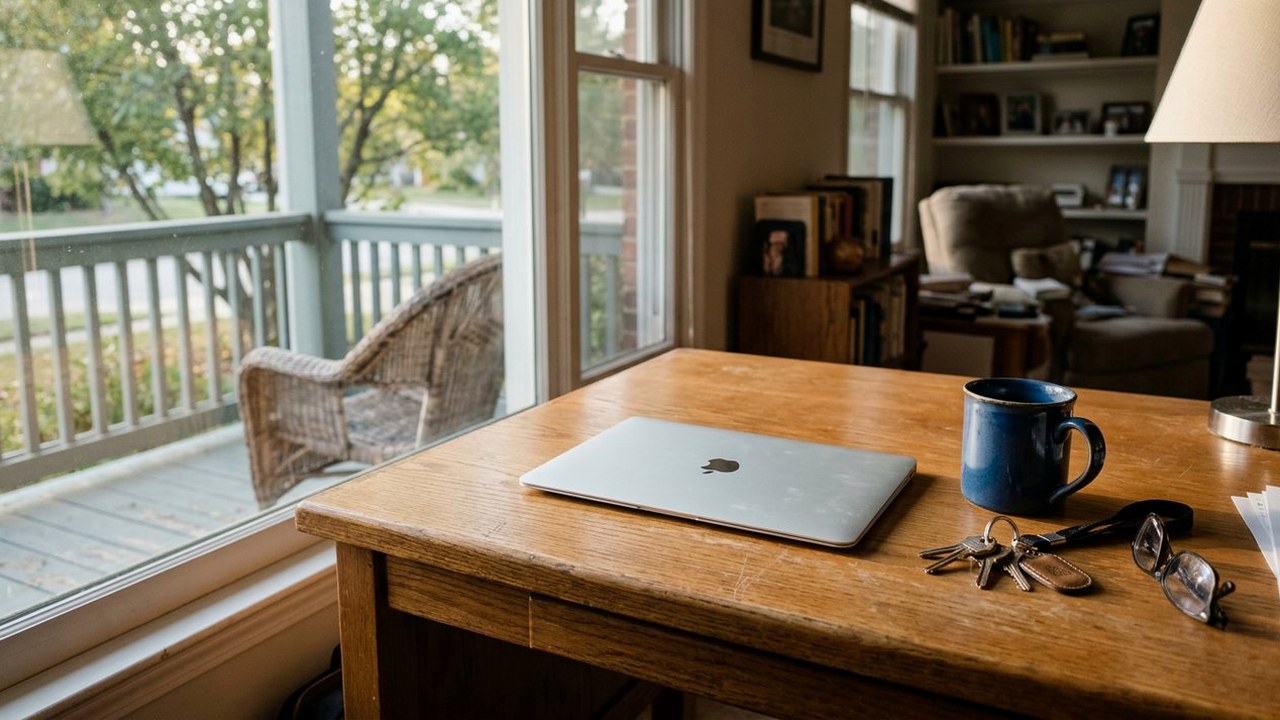 Home office desk with closed laptop, coffee mug and house keys