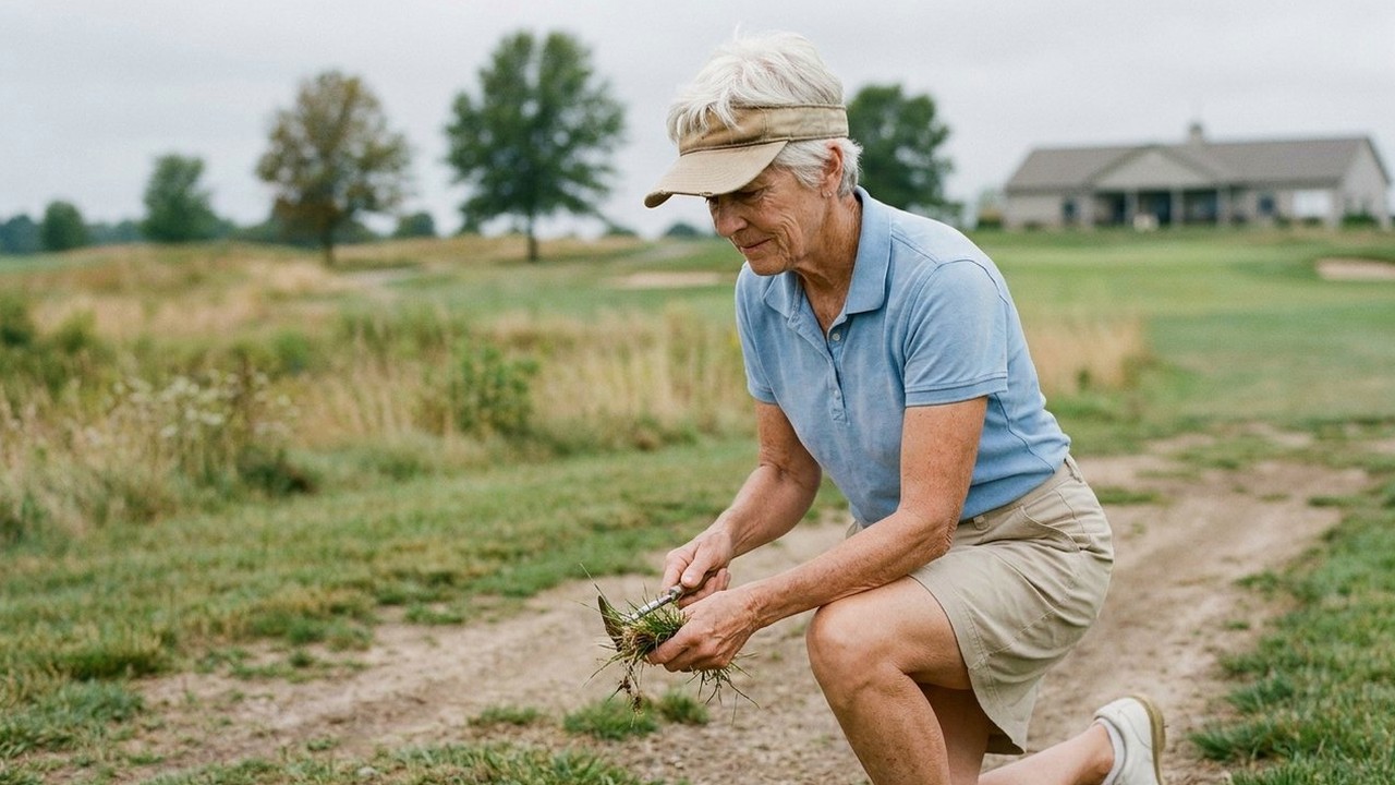 Older woman alone repairing a divot beside a golf path